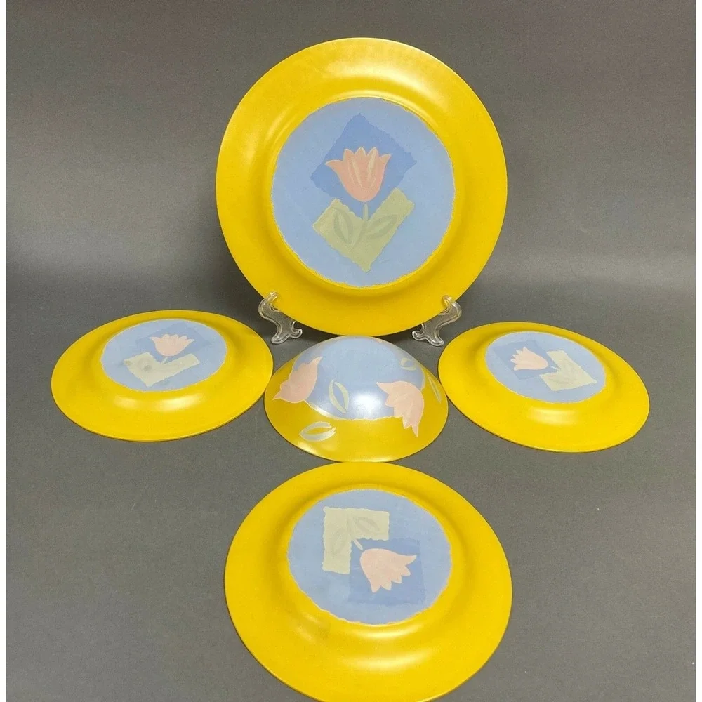 Cristal D'Arques-Durand Tulips Maty's Yellow Bowl Dinner Salad‎ Plates Glass
